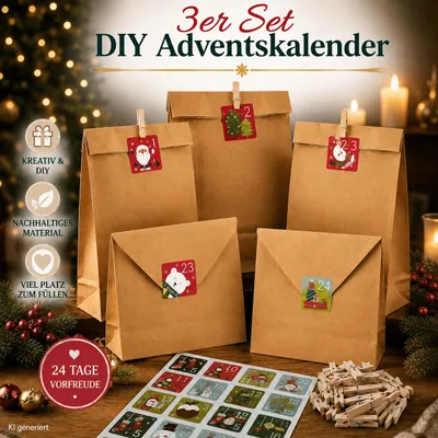 Produktbild von 3 x DIY Adventskalender zum Befüllen 24 Papiertüten Klammern Sticker Weihnachten