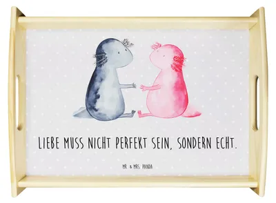 Produktbild von Mr. & Mrs. Panda Tablett Axolotl Liebe - Grau Pastell - Geschenk, Molch, aus holz, serviertablett, betttablett, Ehemann, Sofa, Deko, Valentinstag
