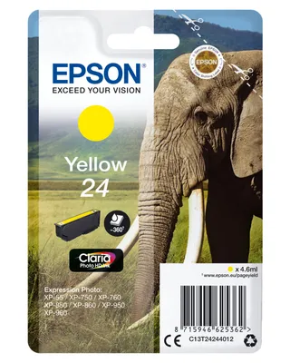 Zdjęcie produktu dla Epson Elephant Singlepack Yellow 24 Claria Photo HD Ink, Żółty, Tusz na bazie pigmentu, 4,6 ml, 1 szt., 360 stron(y)