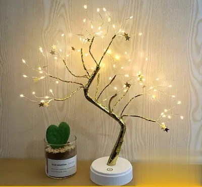 Productafbeelding van Lichtboom koperdraad - Werkt op batterijen of USB - Warm wit - Nachtlampje