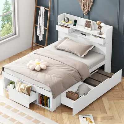 Produktbild von Flieks Holzbett Jugendbett 90x200cm mit USB, Klassisches Bett mit Schubladen, Stauraumbett mit Lattenrost, Kinderbett Einzelbett Funktionsbett, Weiß