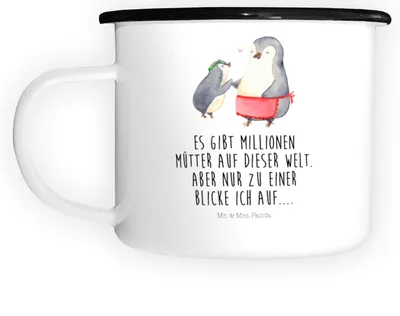 Produktbild von Mr. & Mrs. Panda Haferl Pinguin mit Kind - Weiß - Geschenk, Große Tasse, Vorbild Mama, Mutter, Muttertag, Pott, Teebecher, Emaille, Teetasse, Emailletasse, Familie