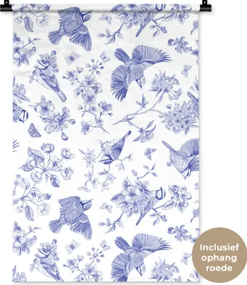 Produktbild von MuchoWow® Wandteppich Wandbehang Vintage - Vogel - Blumen - Blau 60x90 cm Tapisserie Dekoration Wandtuch - Foto-Teppich - Abwaschbar