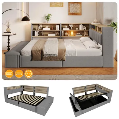 Image de Lit tapissier 140 x 200 cm avec espace de rangement hydraulique, éclairage LED RGB, ports USB-A et USB-C, étagères ouvertes et banc de rangement. Tête de lit réversible, revêtement en velours, couleur gris/blanc