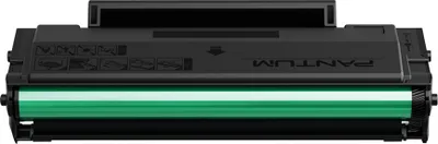 A black toner cartridge with a green roller is shown against a white background.