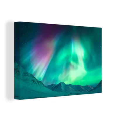 Obrázok produktu pre OneMillionCanvasses® - Maľba na plátne - Obraz na plátne Nástenná maľba na plátne - Polárna žiara - Hory - Noc - 150x100cm - Fotografia na plátne -