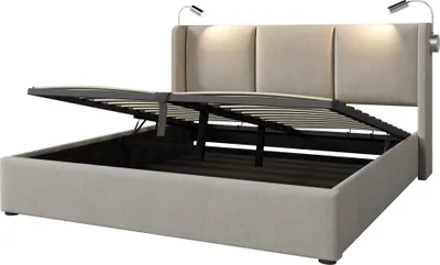 Produktbild von okwish Polsterbett 160x200 Doppelbett Stauraum Bettkasten Leselicht mit USB Ladefunktion Kopfteil,Stauraumbetten Bettgestell Jugendbett Leinen Beige(Ohne Matratze)