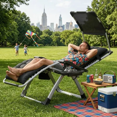 Produktbild von CEEDIR Gartenliege Klappbar mit Sonnendach, Gepolsterter Liegestuhl 160 kg, Kopfkissen, Getränkehalter & Seitentasche, Stahlrahmen Relaxliege, Schwarz