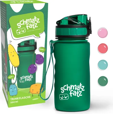 A green water bottle and its packaging are shown. The packaging features cartoon characters and branding.