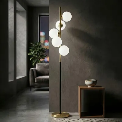 Obrázok produktu pre Stojacia lampa zo zlatého kovu s 5 guľami z bieleho skla ø 46x160 cm