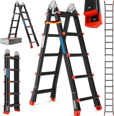 Produktbild von MASKO Aluminium 6in1 Mehrzweckleiter – 20 Sprossen | - 520 cm | 150 Kg, ausziehbar, Rutschfest, Multifunktional, Gelenkleiter, Anlegeleiter, Klappleiter, beidseitige Steh- und Treppenleiter