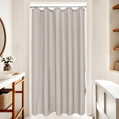 Produktbild von Duschvorhang 150x200 cm, schmal, sandfarben, wasserdicht, aus Textil, schimmelresistent, waschbar, mit 10 Ringen.