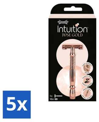 Productafbeelding van 5 x Wilkinson Sword Intuition veiligheidsscheermes in rosé goud, met 10 reservemesjes - voordeelverpakking - 5 stuks
