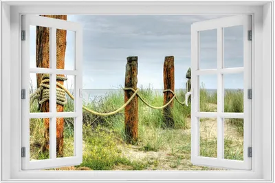 Produktbild von Wallario Wandbild mit Fenster-Illusion: Düne am Strand mit Holzpfahl, Größe: 61 x 91,5 cm, Poster mit weißem Aluminiumrahmen