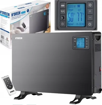 A collage of product images showing a black convector heater, its packaging, and a close-up of its digital display and remote control.