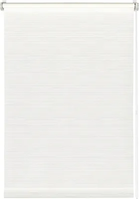 A white roller blind is shown hanging from its roller mechanism.