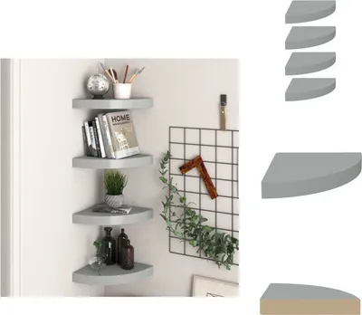 A set of four gray corner shelves mounted on a wall, decorated with books, a plant, and bottles.