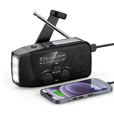 Produktbild von AIORBER Tragbar Notfallradio mit Kurbel, Solar, USB, LED Taschenlampe, AM/FM/WB, 600mAh Powerbank, Tragbar für Outdoor Camping, Schwarz