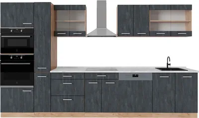 Produktbild von Küchenzeile Vicco R-Line Schwarz Beton/Goldkraft Eiche 350 cm , AP Marmor, Model 49341