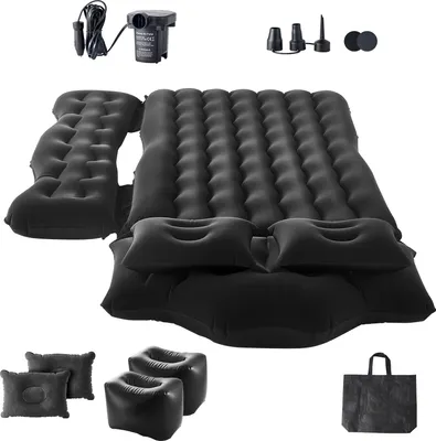 An inflatable car mattress and accessories laid out on a white background.