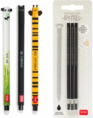 Produktbild von Legami Erasable Gel Pen Set, 4-tlg., löschbare Gelstifte, Nachfüllminen, Panda, Katze, Biene