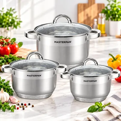 Immagine prodotto di Set di accessori per la cucina Masterpan | Set di pentole a induzione da 6 pezzi | 16 cm / 18 cm / 20 cm | Acciaio inossidabile | Coperchi in vetro temperato | MP5005