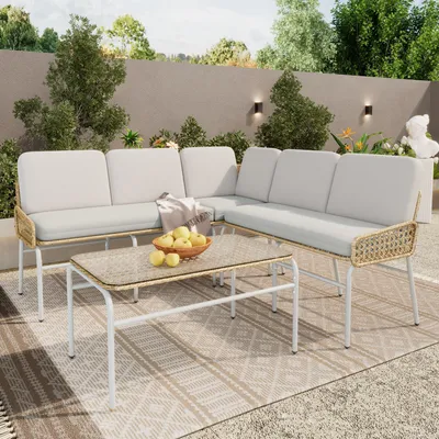 Obrázek produktu pro Polyratanový zahradní nábytek Merax pro 5 osob, zahradní obývací sestava s pohovkou a stolem, balkónová sestava Rope Loung, zahradní nábytek s polštáři, světle šedý