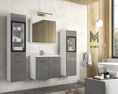 Produktbild von MINIO Badmöbel-Set "MARIT II" Badezimmermöbel mit Waschbecken, ohne LED-Beleuchtung – Weiß / Grau Hochglanz