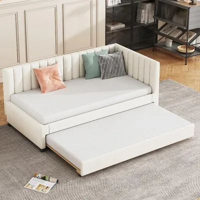 Immagine prodotto di Letto imbottito 90x200 cm, divano letto estraibile con rete a doghe, rivestito in velluto color beige, letto imbottito con testiera, ideale per camere da letto dei ragazzi o camere per gli ospiti