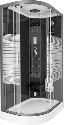 A modern, enclosed shower cabin with multiple features.