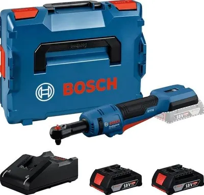 A Bosch cordless ratchet set with a case, charger, and batteries.