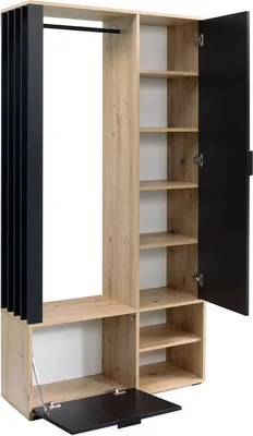 A modern wardrobe with open shelves and a hanging rail, shown against a white background.