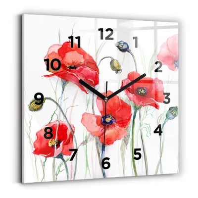 Produktbild von Wallfluent Wanduhr – Stilles Quarzuhrwerk - Uhr Dekoration Wohnzimmer Schlafzimmer Küche - Zifferblatt - schwarze Zeiger - 30x30 cm - Gemalte rote Mohnblumen