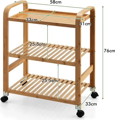 Zdjęcie produktu dla COSTWAY Wózek do serwowania z 3 półkami, uchwytami i zdejmowanymi kółkami, bambusowy wózek kuchenny na kółkach, mobilny wózek do przechowywania do kuchni, przedpokoju i łazienki, 58 x 33 x 76 cm