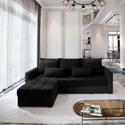 Produktbild von Masseno Ecksofa KOS PIK mit Schlaffunktion L-Form, Sofa mit Bettkasten, Wohnzimmersofa, Couch, Soffa, Bettsofa, Couchgarnitur- Schwarz, SAWANA 14 + MADRYT 9100