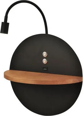 Immagine prodotto di Dual - Applique da parete con mensola e luce LED 15W Fabas Luce Touch dimmer - Nero opaco con legno USB integrata