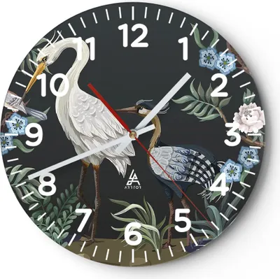 Produktbild von Wanduhr - Rund - Glasuhr - Asiatisch Reiher Blumen - 30x30cm - Schleichendes Uhrwerk - Lautlos - zum Aufhängen bereit - Dekoration Modern - Wanddekoration aus Glas - C4AR30x30-4699