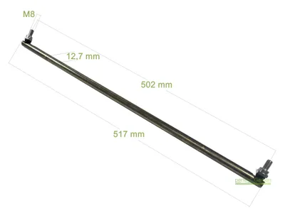 A metal rod with threaded ends, likely a steering component, with measurement annotations.