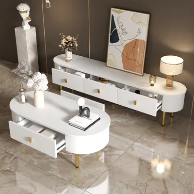 Produktbild von Abrihome TV-Schrank und Couchtisch Set Wohnzimmer-Set mit Schubladen, Weiß