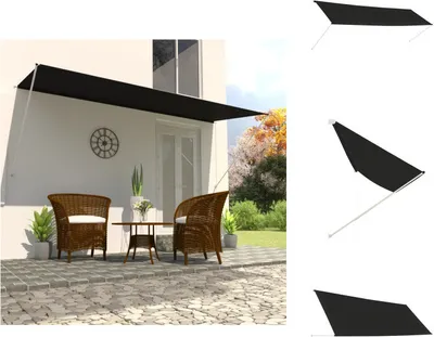 A black retractable awning is installed over a doorway on a white wall, with two wicker chairs and a small table in front.