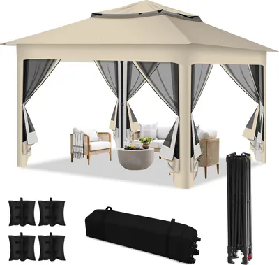 Produktbild von Aopunly Pavillon Pop-up Faltpavillon 3.3x3.3x2.7M Sonnenschirm Pavillon mit Moskitonetz inkl Tragetasche inkl Pavillon Sandsäcke UV-Schutz Doppeltes Dach mit Belüftungsloch Beige