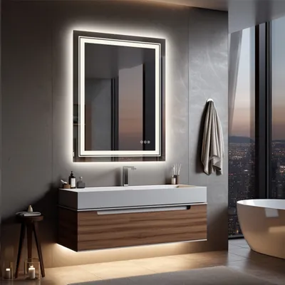A modern bathroom with a large illuminated mirror above a vanity and sink, overlooking a city skyline at dusk.