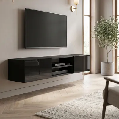 Produktbild von Masseno TV-Schrank GLOSSIA 120 cm Fernsehschrank mit 2 Türen TV-Lowboard für Wohnzimmer Modern 120x35x29,5 cm Schwarz / Schwarz