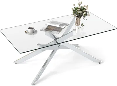 Produktbild von COSTWAY Couchtisch aus gehärtetem Glas, rechteckiger Glastisch mit Metall-Rohrrahmen, Wohnzimmertisch Modern, Kaffeetisch, 120x60x45,5 cm, Silber