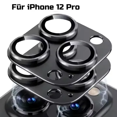 A close-up, angled view of stacked camera lens protectors for an iPhone 12 Pro, with a hint of the phone's camera lenses visible below.