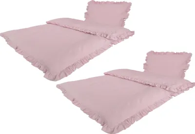 Two pink bedding sets with ruffled edges are displayed against a white background.