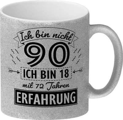 Produktbild von Witziger Glitzer-Kaffeebecher für den 90. Geburtstag mit Motiv: Erfahrung