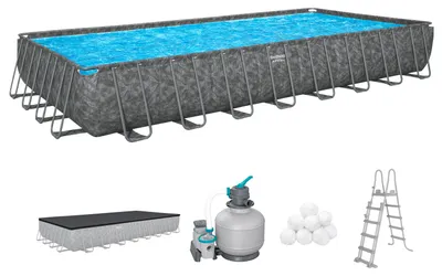 Produktbild von Bestway® APX365™ Winterfestes Frame Pool Komplett-Set mit Sandfilteranlage 956 x 488 x 132 cm, Marmor-Optik (Dunkel), eckig