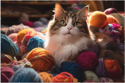 Produktbild von Wallario Wandbild Katze in einem Berg von Wollknäuel, Größe: 61 x 91,5 cm, Poster mit rahmenlosen Bildhalter