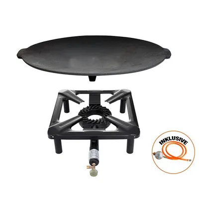 Produktbild von Hockerkocher-Set (klein) mit Gusseisengrillschale Ø 45 cm inkl. Gasschlauch & Regler